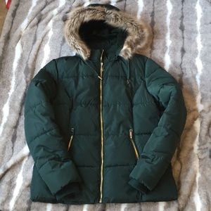 Green fur lined hood winter puffer coat